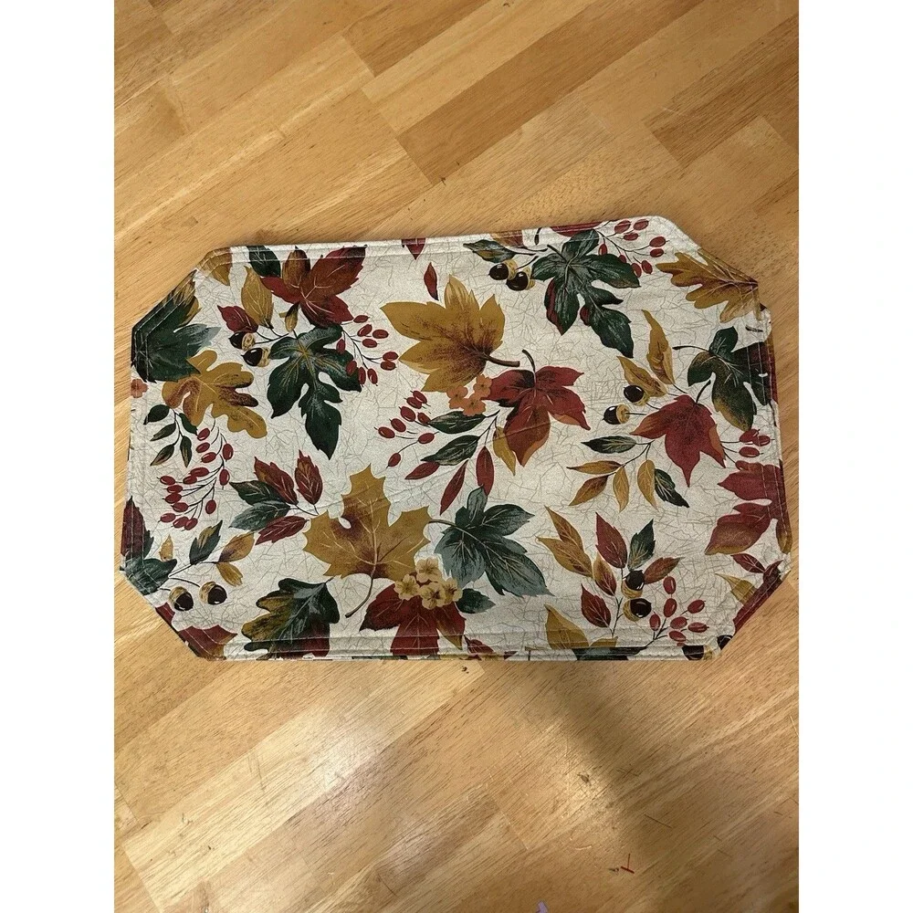 Thanksgiving Fall Placemats Set of 8 Plastic Reversible Autumn Leaves Acorns VTG